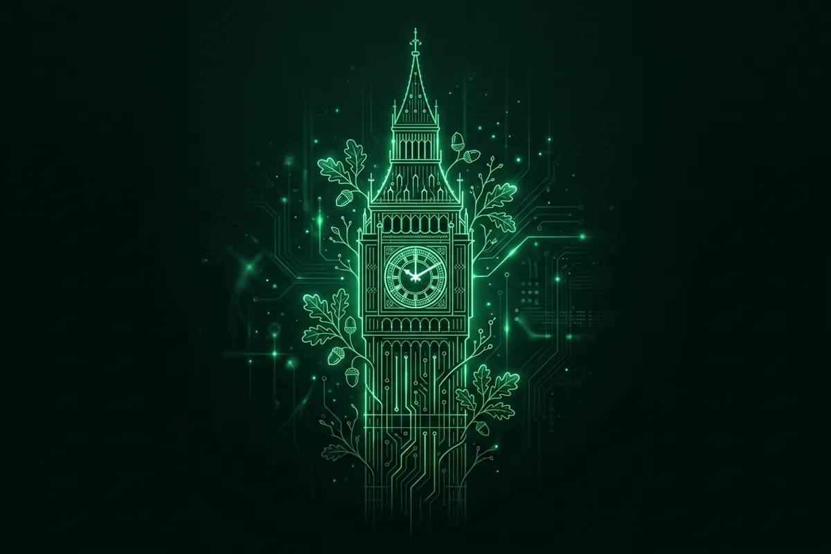 The Big Ben clock tower drawn in glowing green circuit lines with oak leaves