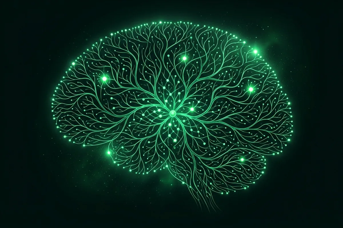 Glowing green branching lines forming the shape of a brain