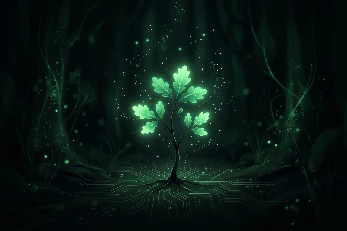 A young glowing oak sapling sprouting from ground etched with circuit traces