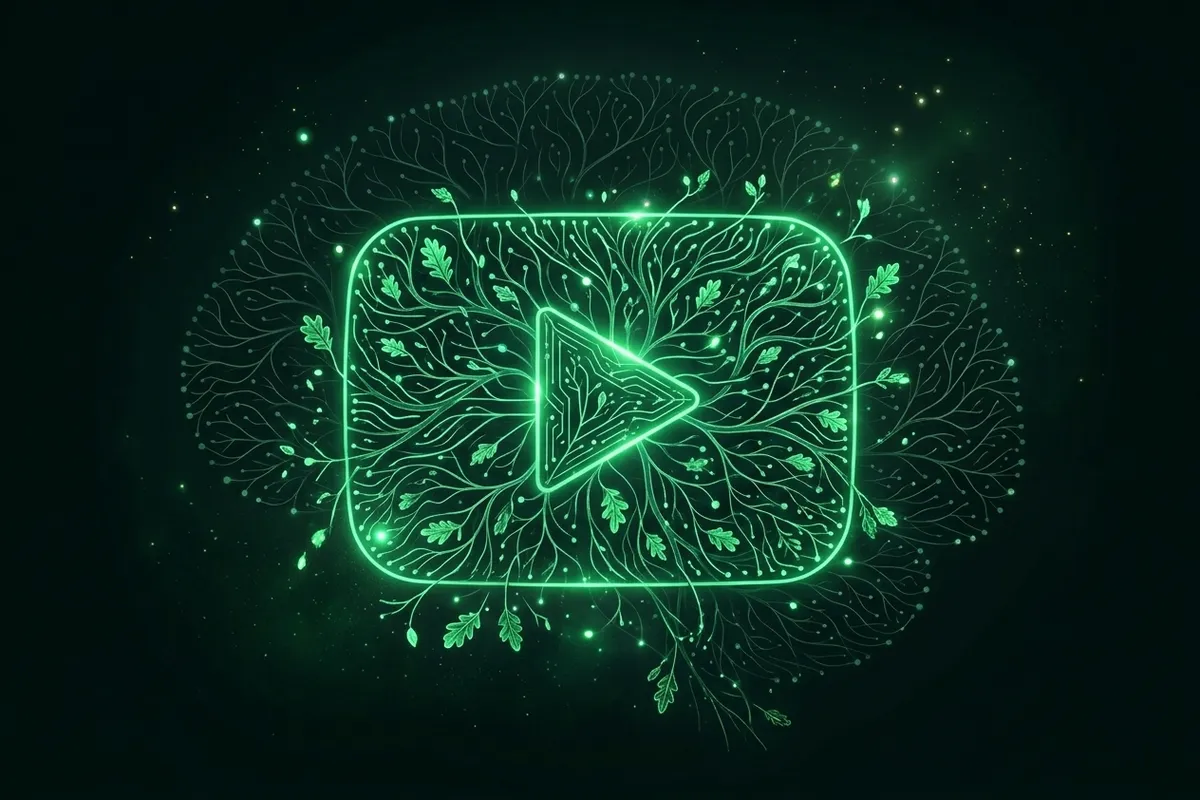 A video play button drawn in glowing green circuit lines with oak leaves growing from it